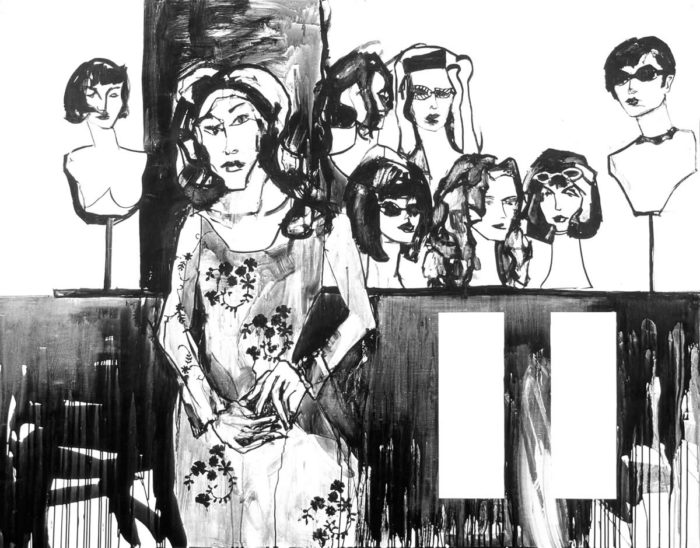black and white Perouca shop 2003, ink on paper, 120χ160cm. Agathi Kartalos-Private collection